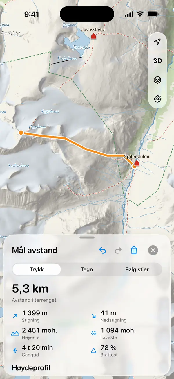 Messen von Spiterstulen in Richtung Galdhøpiggen in iLende auf dem iPhone
