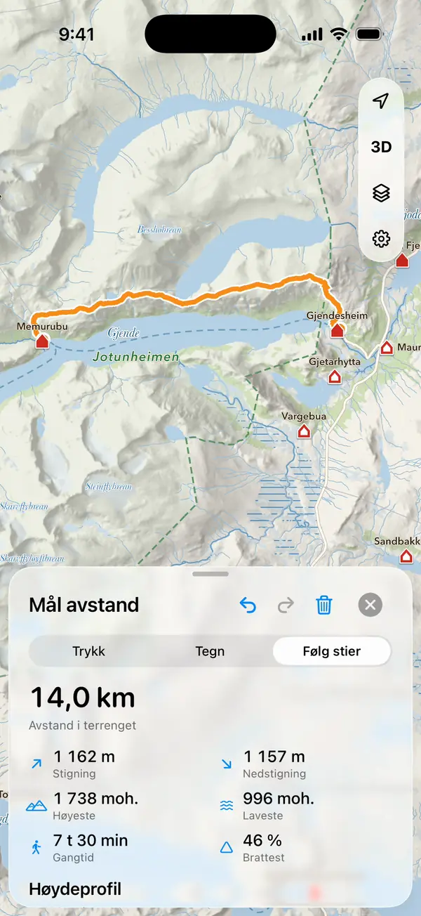 Besseggen entlang der Wege von Gjendesheim nach Memurubu in iLende gemessen, mit Entfernung, Aufstieg und Gehzeit