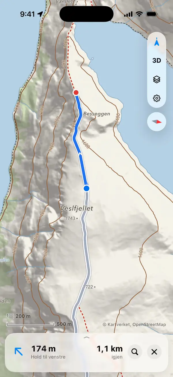 Schrittweise Navigation über Besseggen in iLende