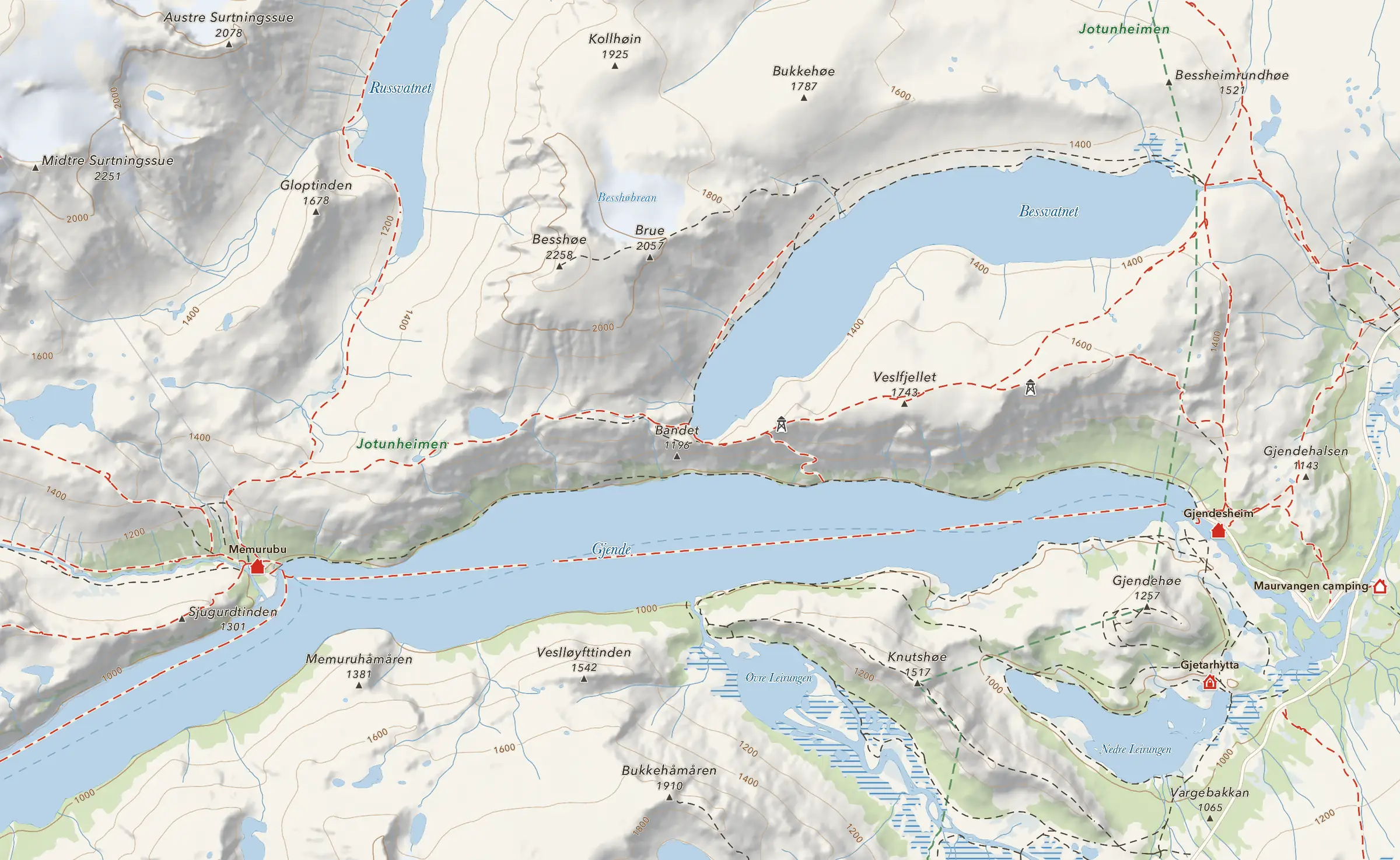 Die Route über Besseggen von Gjendesheim nach Memurubu, mit Entfernung, Aufstieg, Gehzeit und Höhenprofil